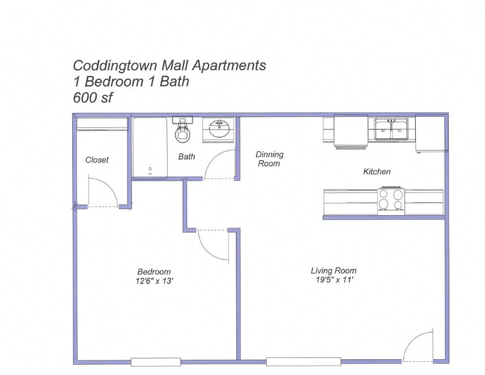 Floor plan for 1 bed, 1 bath, 600 sqft